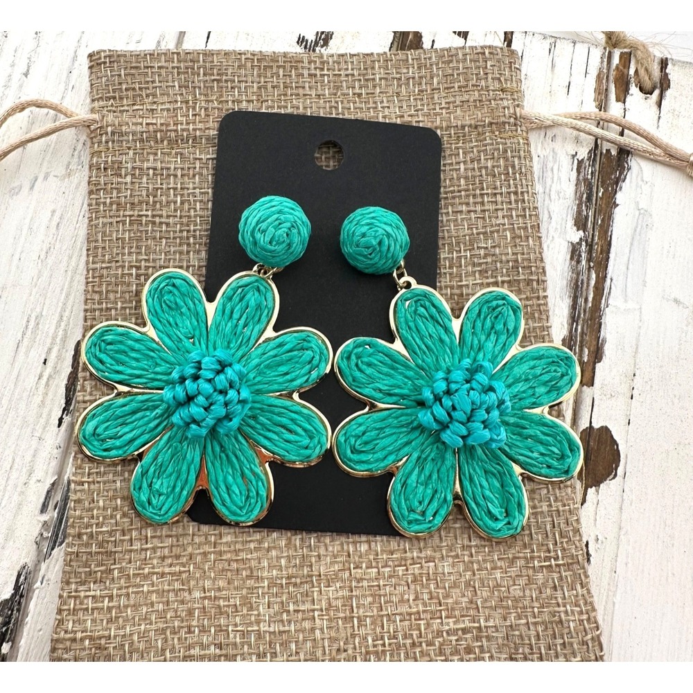 Raffia Woven Flower‎ Earrings Turquoise Blue NEW